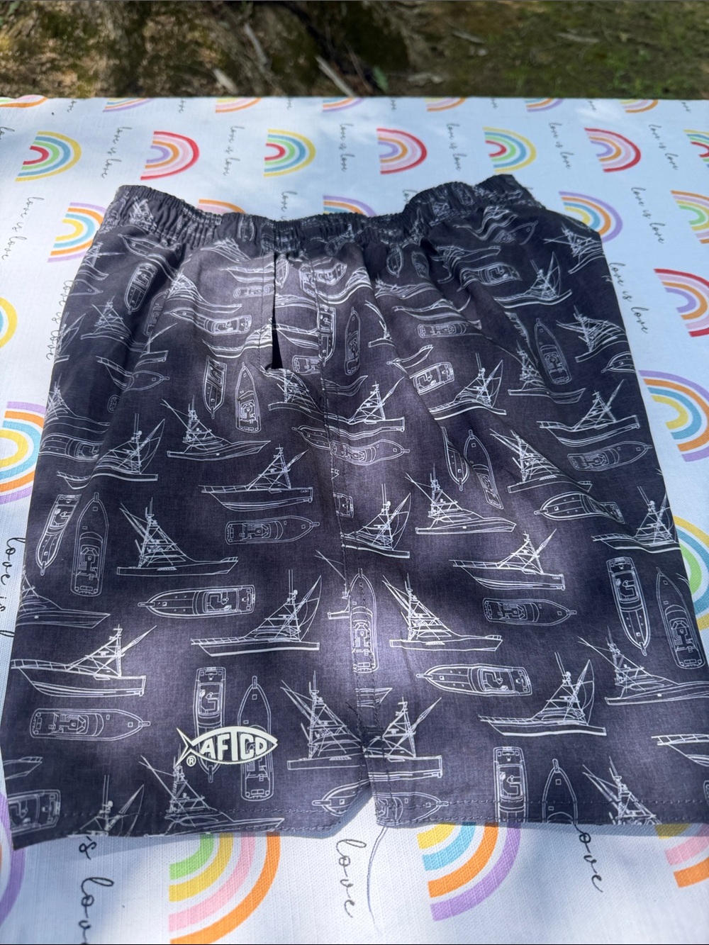 AFTCO Navy and White Boat-Print Men’s Swim Trunks
